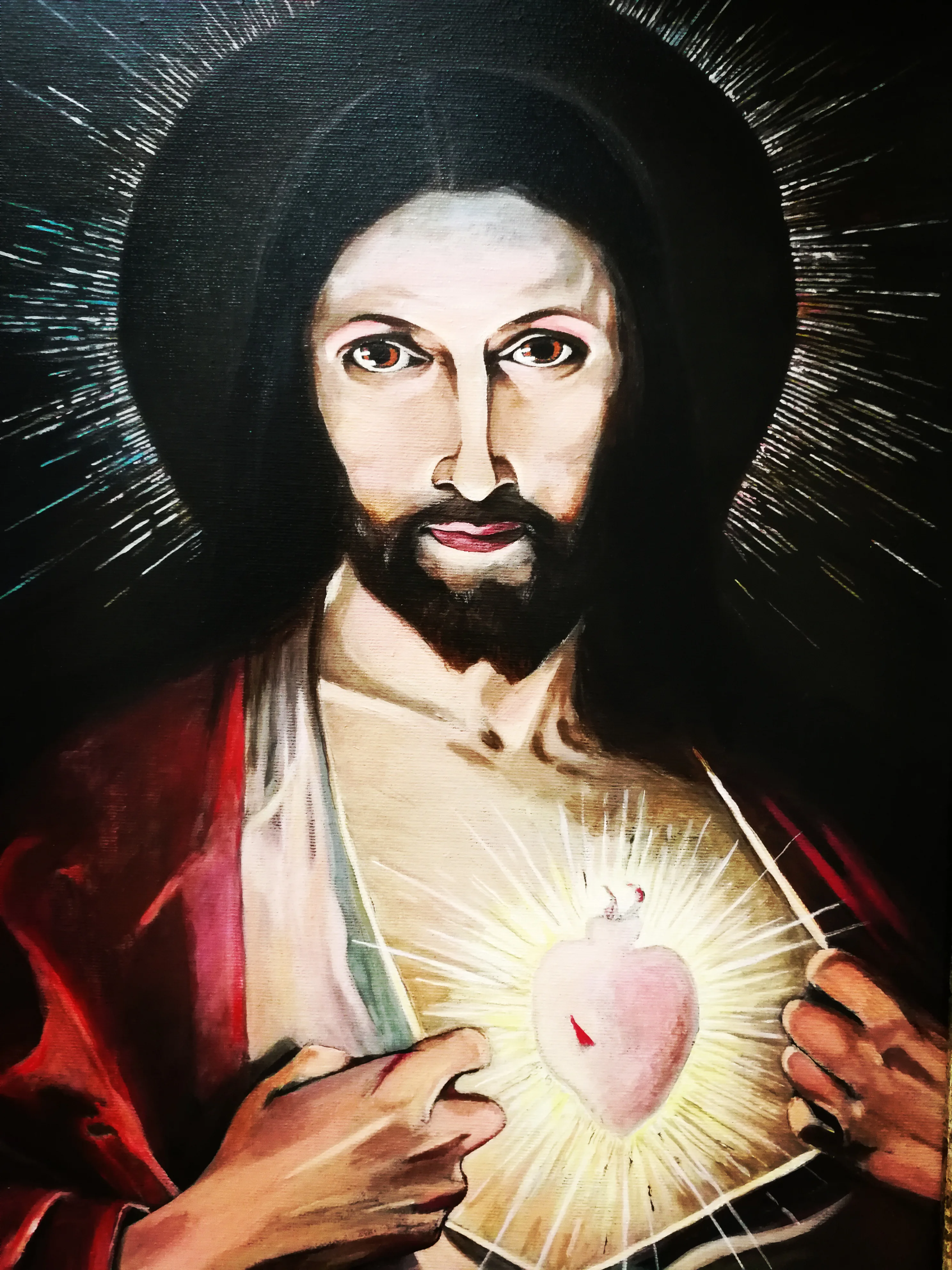 Detal obrazu przedstawiającego Jezusa Chrystusa, wykonanego techniką olejną na płótnie