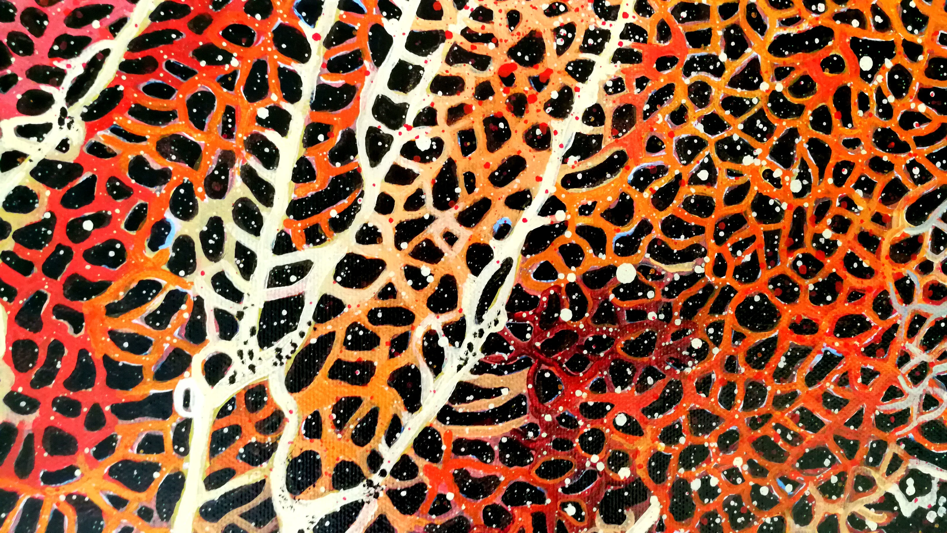 Detail of a painting called Black Lagoon, depicting a coral, made in 2022 with acrylic technique