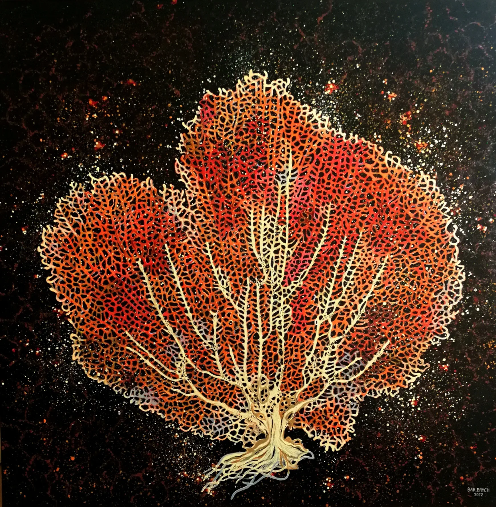 A painting called the Black Lagoon, depicting a coral, size 100x100 cm, made in 2022 using the acrylic technique
