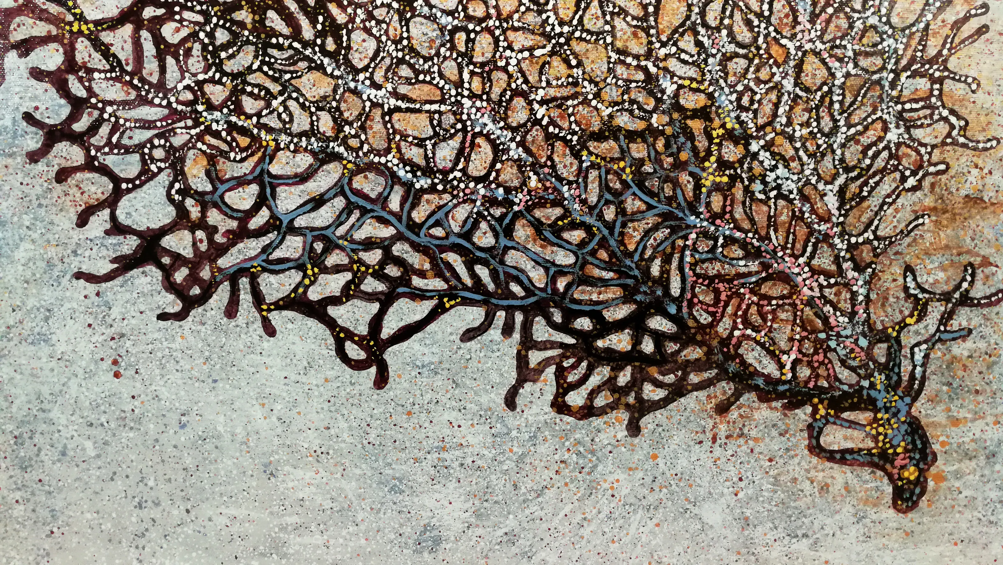 Detail of a painting called Blue envelope, depicting a coral, made in 2022 with acrylic technique
