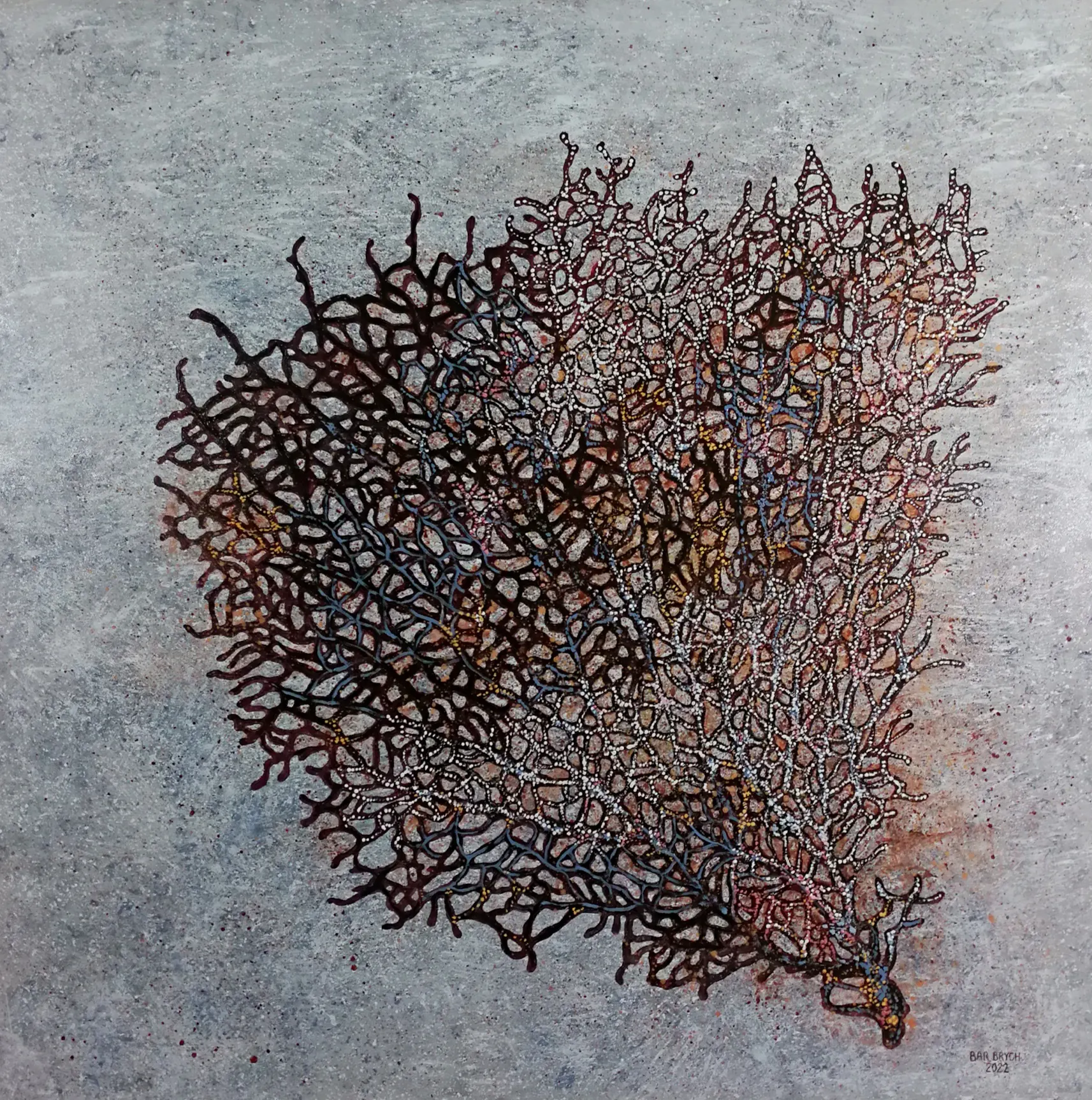 A painting called the Blue envelope, depicting a coral, size 100x100 cm, made in 2022 using the acrylic technique