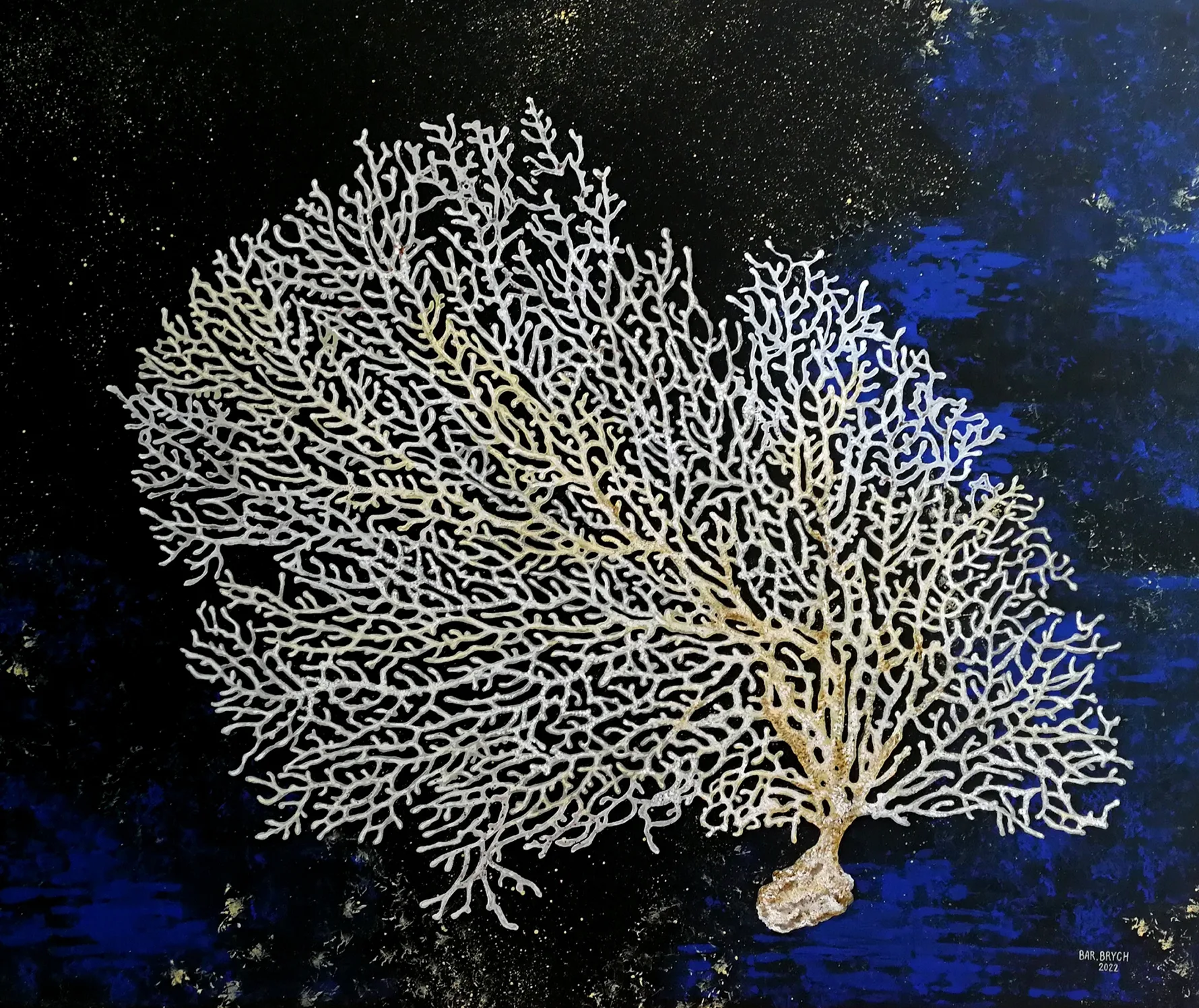 The painting called Movement Lapis Lazuli, depicting a coral reef, measuring 120x100 cm, made in 2022 using acrylic technique