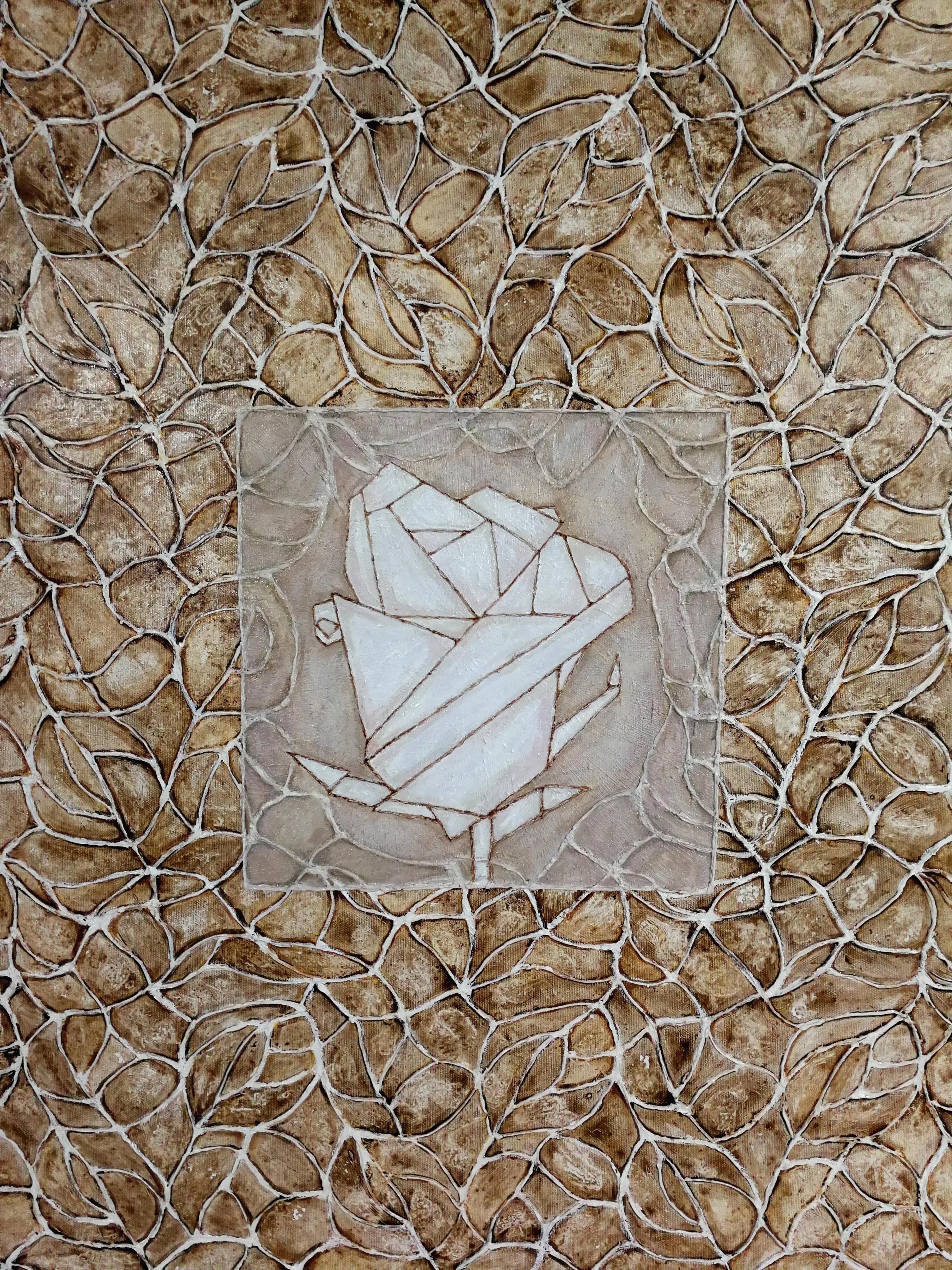 A detail of the painting depicting a white rose on a darker background, measuring 100x100cm, made in 2017 using oil on canvas technique