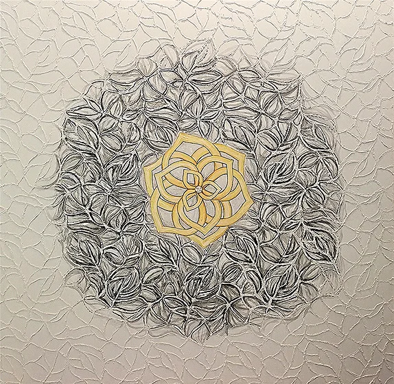 The painting depicting a golden rose on a light background, measuring 100x100cm, made in 2017 using oil on canvas technique