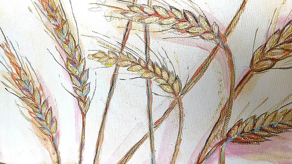 A detail of the painting depicting golden spikes of wheat on a pink-white background, measuring 140x70cm, made in 2017 using acrylic on canvas technique