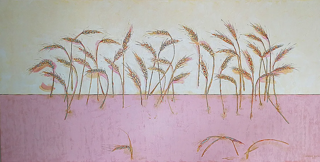 A detail of the painting depicting golden spikes of wheat on a pink-white background, measuring 140x70cm, made in 2017 using acrylic on canvas technique