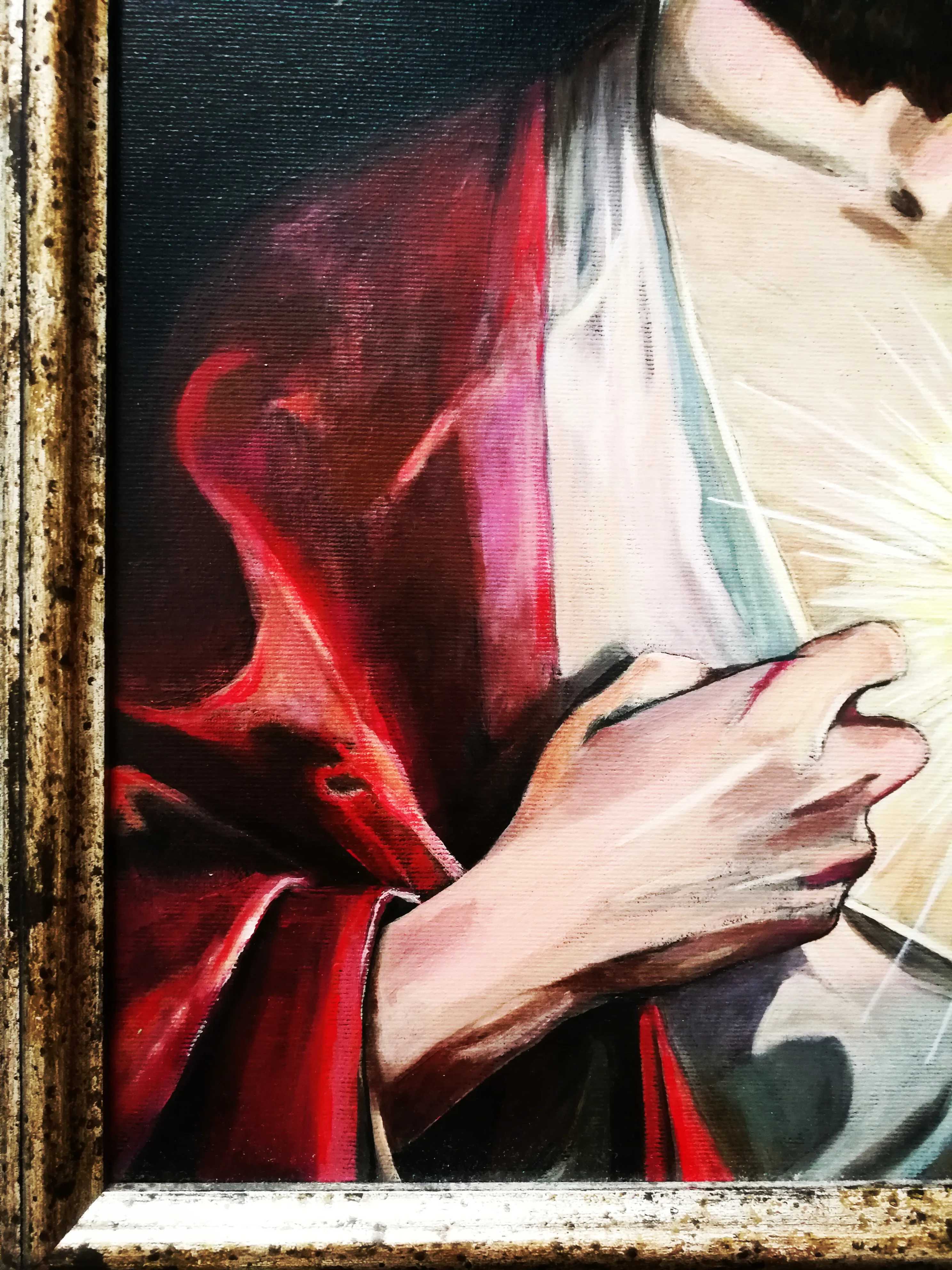 Detal obrazu przedstawiającego Jezusa Chrystusa, wykonanego techniką olejną na płótnie